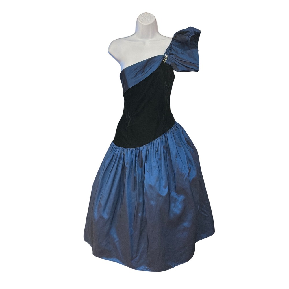 80s Roberta One Shoulder Dress Prom Goth Regencycore Vintage Formal Black Blue